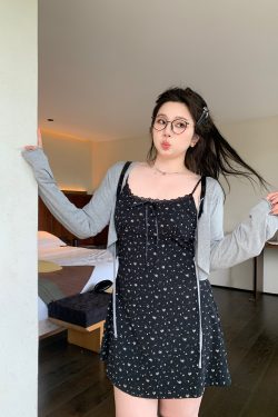 Plus Size Floral Bow Cami Dress - Korean Style, Romantic Atmosphere, Summer Fashion, Slightly Chubby, Itaewon-Inspired