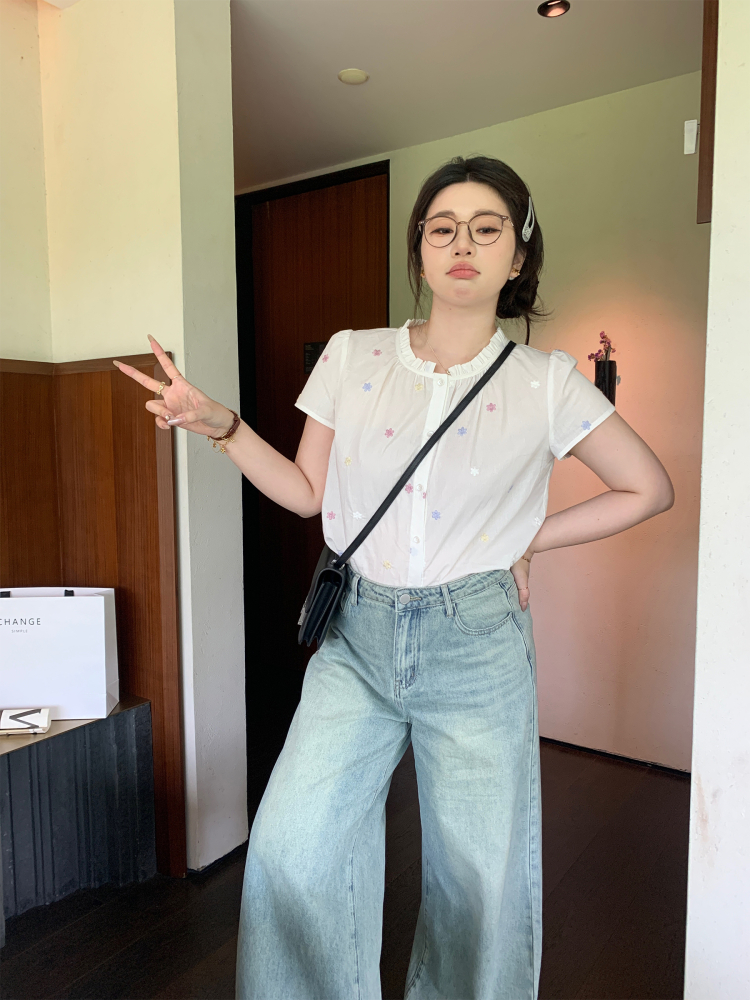 Plus Size Floral Embroidered Short Sleeve Shirt - Slightly Chubby Alice Summer Dream Top in Colorful Y2K Style Plus Size Floral Embroidered Short Sleeve Shirt - Slightly Chubby Alice Summer Dream Top in Colorful Y2K Style