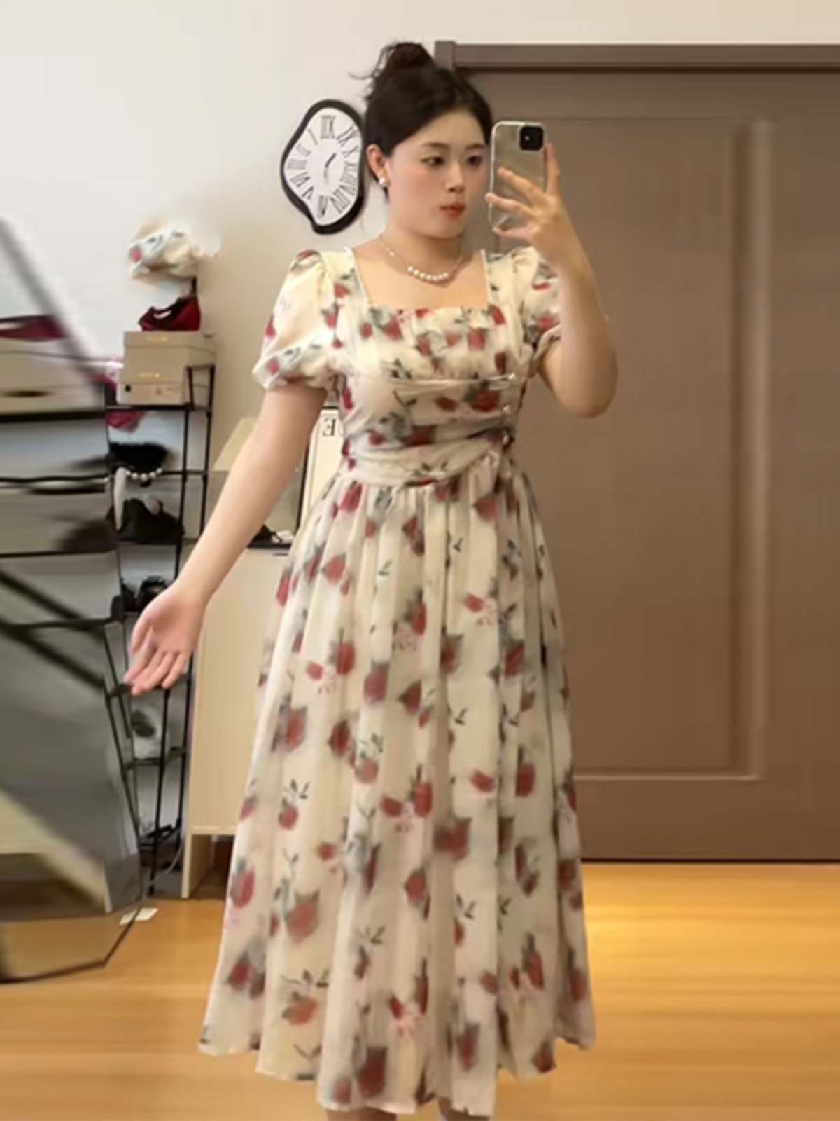 Plus-Size Floral Puff Sleeve Fairy Dress with Square Neck - Elegant Vintage Summer Style for Women Plus-Size Floral Puff Sleeve Fairy Dress with Square Neck - Elegant Vintage Summer Style for Women