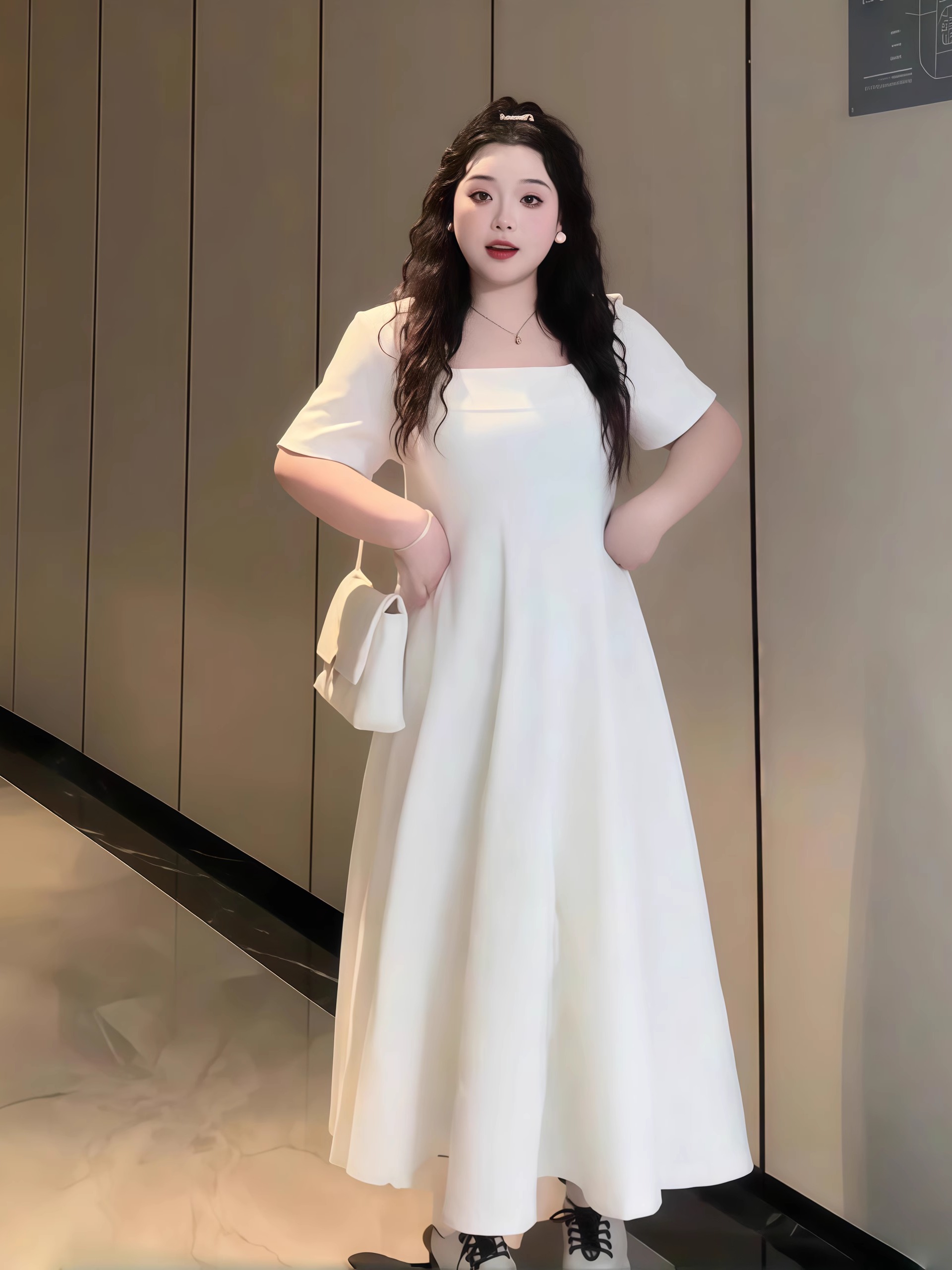 Plus-Size French Hepburn-Style Square-Neck Dress with Flattering A-Line Skirt for Summer, Perfect for Pear-Shaped Figures Plus-Size French Hepburn-Style Square-Neck Dress with Flattering A-Line Skirt for Summer, Perfect for Pear-Shaped Figures