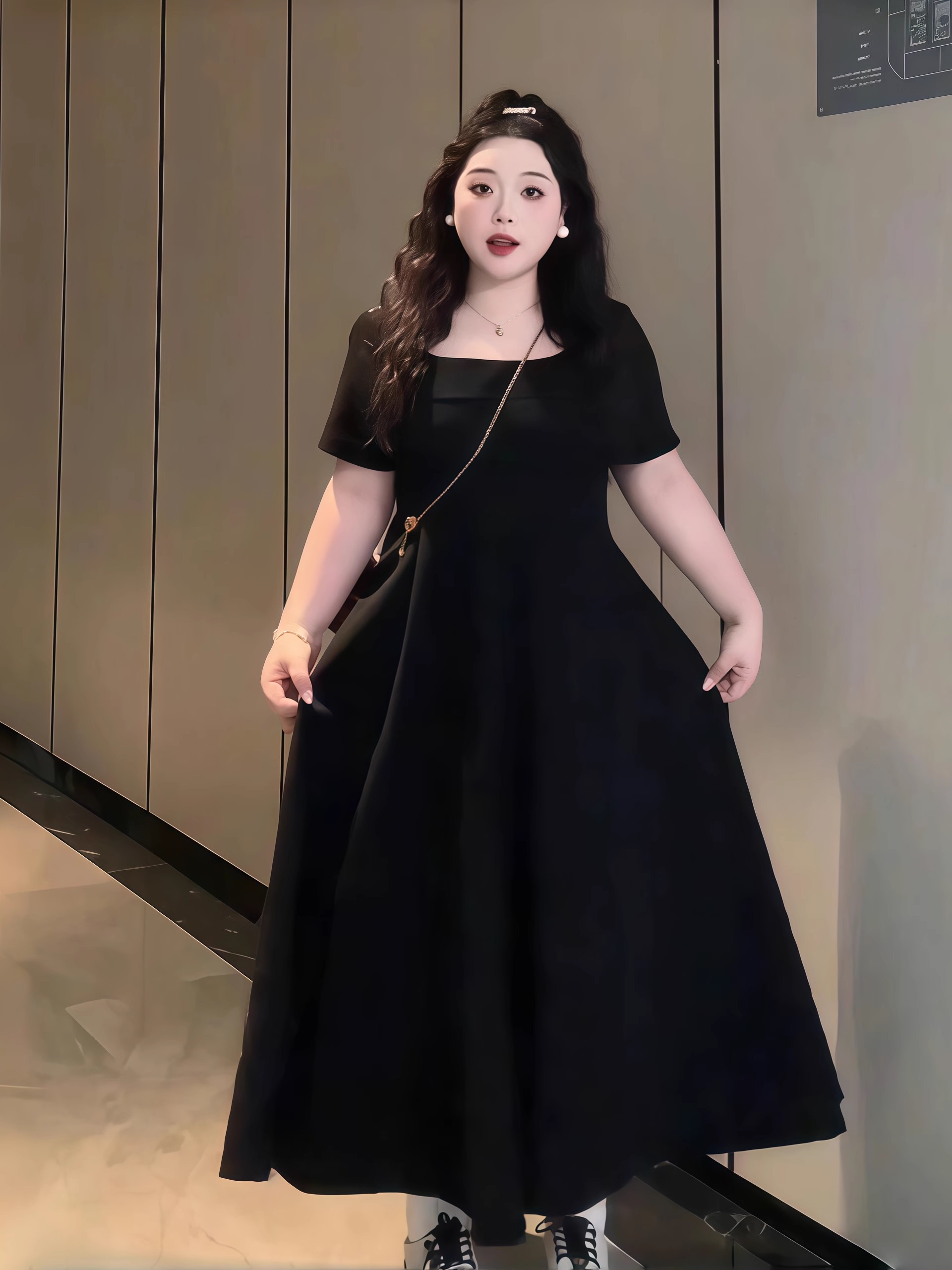 Plus-Size French Hepburn-Style Square-Neck Dress with Flattering A-Line Skirt for Summer, Perfect for Pear-Shaped Figures Plus-Size French Hepburn-Style Square-Neck Dress with Flattering A-Line Skirt for Summer, Perfect for Pear-Shaped Figures