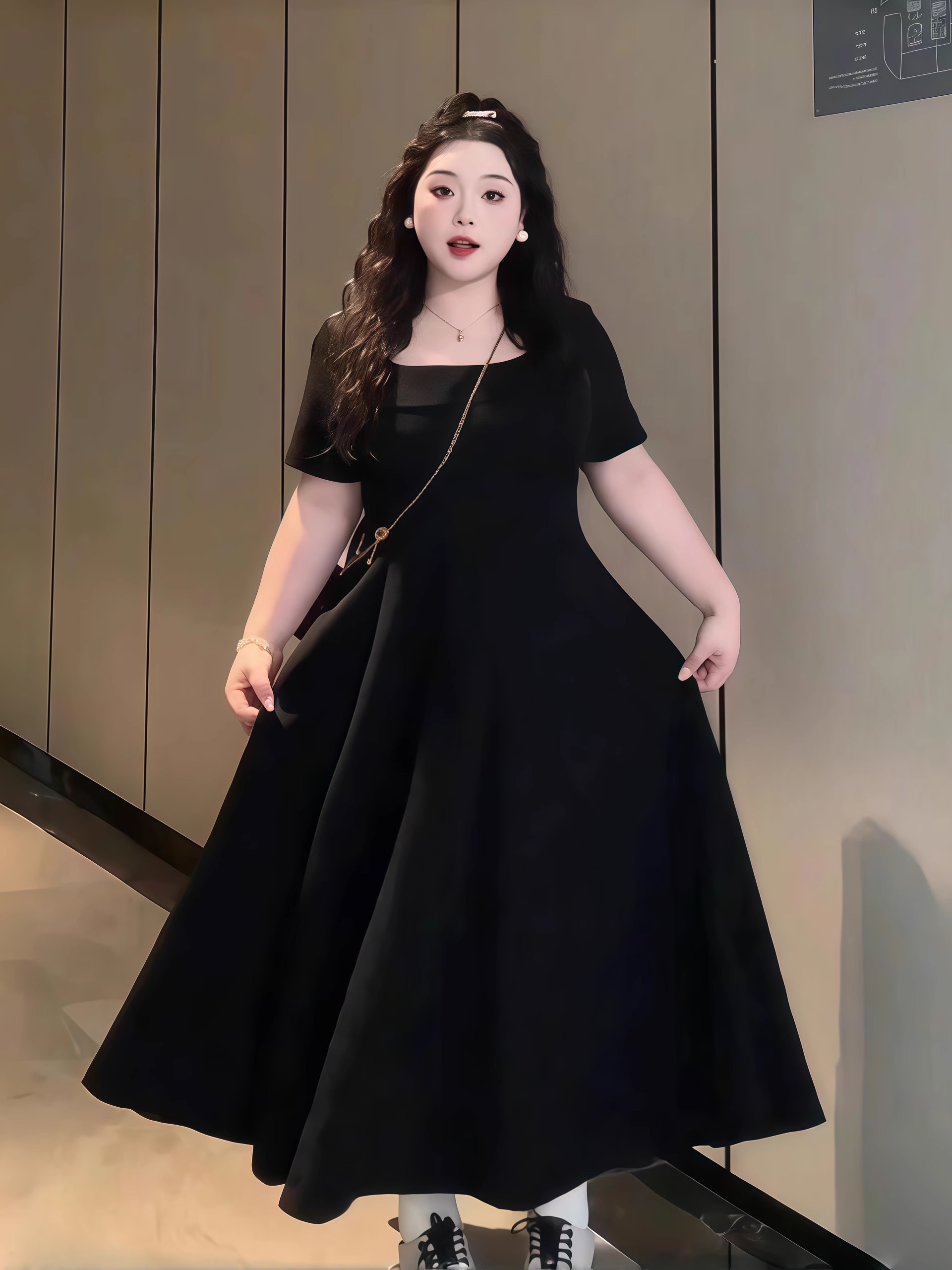 Plus-Size French Hepburn-Style Square-Neck Dress with Flattering A-Line Skirt for Summer, Perfect for Pear-Shaped Figures Plus-Size French Hepburn-Style Square-Neck Dress with Flattering A-Line Skirt for Summer, Perfect for Pear-Shaped Figures