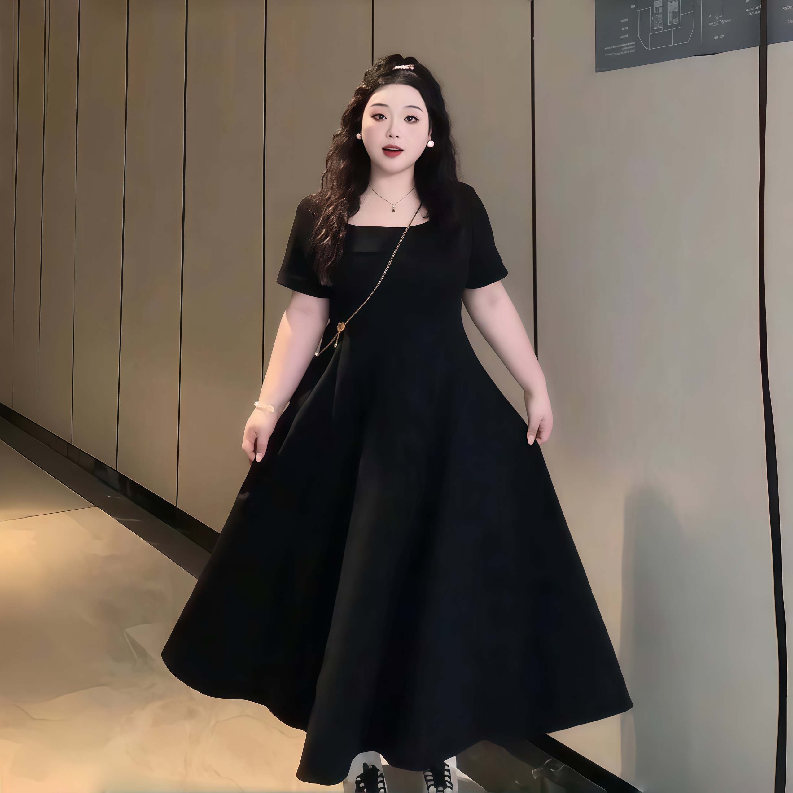 Plus-Size French Hepburn-Style Square-Neck Dress with Flattering A-Line Skirt for Summer, Perfect for Pear-Shaped Figures Plus-Size French Hepburn-Style Square-Neck Dress with Flattering A-Line Skirt for Summer, Perfect for Pear-Shaped Figures