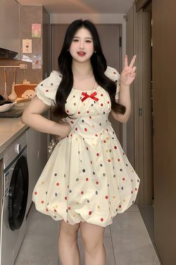 Plus-Size French-Style Polka Dot Bowknot Dress - Summer Slimming Puff Skirt for Flattering Fit, Gentle Sweet Look