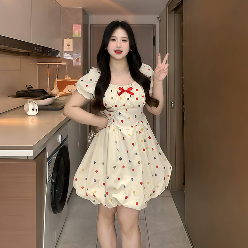 Plus-Size French-Style Polka Dot Bowknot Dress - Summer Slimming Puff Skirt for Flattering Fit, Gentle Sweet Look Plus-Size French-Style Polka Dot Bowknot Dress - Summer Slimming Puff Skirt for Flattering Fit, Gentle Sweet Look