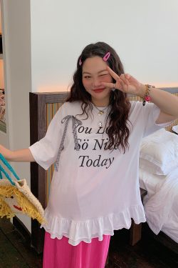 Plus Size Gold Lace Trim Letter T-Shirt for Women - Short Sleeve Summer 2025 Slimming Top, Great for Covering Belly