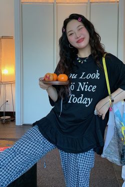 Plus Size Gold Lace Trim Letter T-Shirt for Women - Short Sleeve Summer 2025 Slimming Top, Great for Covering Belly