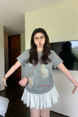 Plus Size Gray Cartoon Print Animal Party T-Shirt - Loose Fit Short Sleeve Top for Casual Style