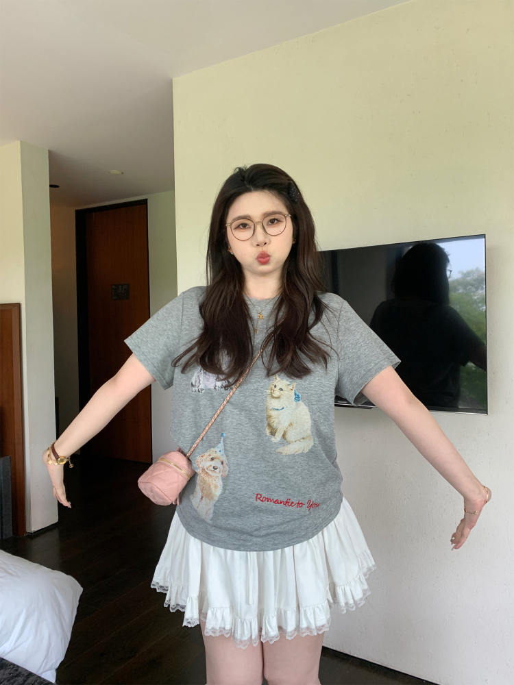 Plus Size Gray Cartoon Print Animal Party T-Shirt - Loose Fit Short Sleeve Top for Casual Style Plus Size Gray Cartoon Print Animal Party T-Shirt - Loose Fit Short Sleeve Top for Casual Style