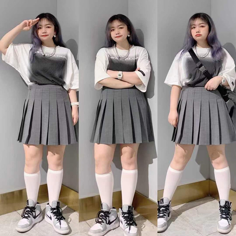 Plus Size Gray High-Waisted A-Line Pleated Skirt for Women - Slimming Short Solid Color Design with Sophisticated Style Plus Size Gray High-Waisted A-Line Pleated Skirt for Women - Slimming Short Solid Color Design with Sophisticated Style