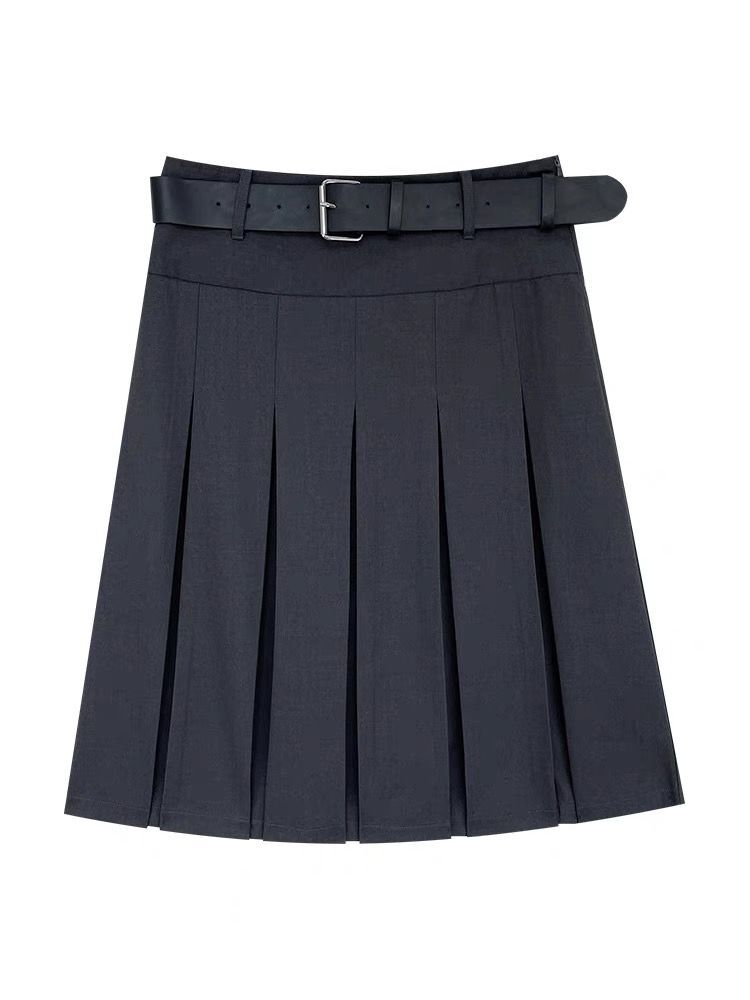 Plus-Size Gray Pleated A-Line Skirt for Women, Mid-Length Korean Style, Slimming College Fashion Design Plus-Size Gray Pleated A-Line Skirt for Women, Mid-Length Korean Style, Slimming College Fashion Design
