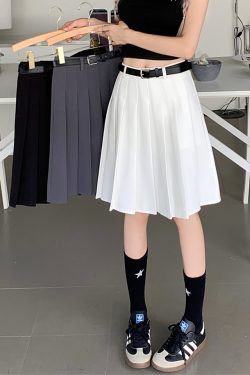 Plus Size Gray Pleated Midi Skirt for Women - High-Waisted A-Line Summer College Style