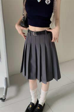Plus Size Gray Pleated Midi Skirt for Women - High-Waisted A-Line Summer College Style