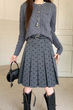 Plus Size Gray Polka Dot High-Waisted A-Line Skirt - Women's College Style Mid-Length Pleated Skirt for Spring and Summer