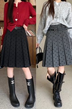 Plus Size Gray Polka Dot High-Waisted A-Line Skirt - Women's College Style Mid-Length Pleated Skirt for Spring and Summer