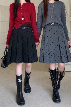 Plus Size Gray Polka Dot High-Waisted A-Line Skirt - Women's College Style Mid-Length Pleated Skirt for Spring and Summer