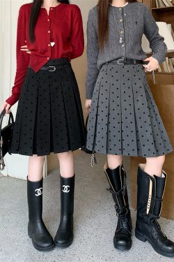 Plus Size Gray Polka Dot High-Waisted A-Line Skirt - Women's College Style Mid-Length Pleated Skirt for Spring and Summer