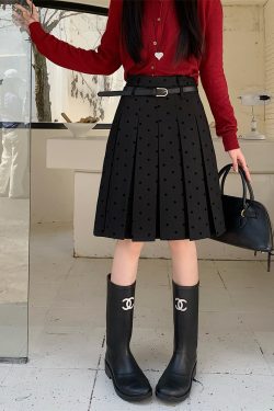 Plus Size Gray Polka Dot High-Waisted A-Line Skirt - Women's College Style Mid-Length Pleated Skirt for Spring and Summer