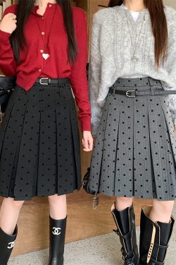 Plus Size Gray Polka Dot High-Waisted A-Line Skirt - Women's College Style Mid-Length Pleated Skirt for Spring and Summer