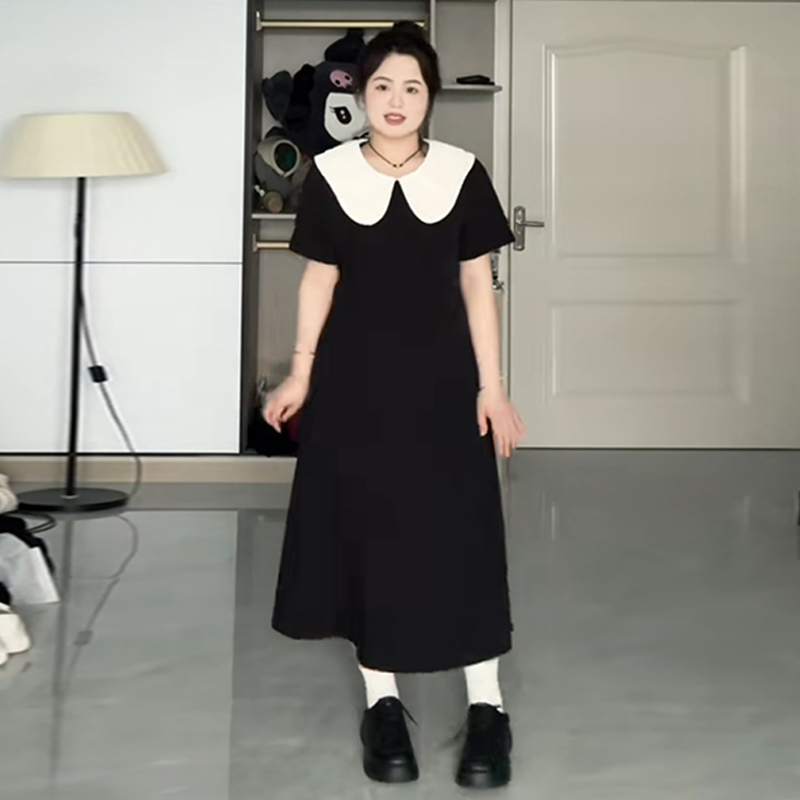 Plus-Size Hepburn-Style Summer Dress with Bellflower Design, Slimming Waist, French Doll Collar, Vintage Tea Dress for Curvy Women Plus-Size Hepburn-Style Summer Dress with Bellflower Design, Slimming Waist, French Doll Collar, Vintage Tea Dress for Curvy Women