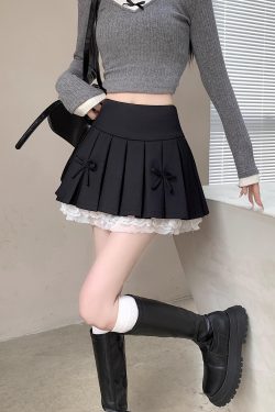 Plus Size High-Waisted A-Line Puff Skirt with Lace Trim and Bow, Gray Summer Design, Pleated Short Skirt for Women