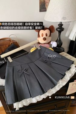 Plus Size High-Waisted A-Line Puff Skirt with Lace Trim and Bow, Gray Summer Design, Pleated Short Skirt for Women