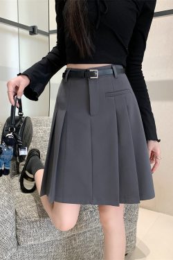 Plus-Size High-Waisted Gray Pleated Skirt for Women - Mid-Length A-Line Half Skirt, Spring Summer College Style, Anti-Exposure Design