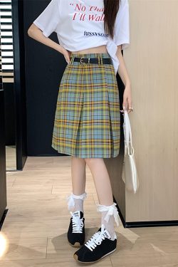 Plus Size High-Waisted Plaid Pleated Skirt for Women - Summer Blue and Yellow Checkered A-Line Mid-Length College Style Skirt