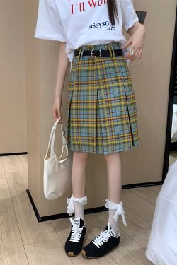 Plus Size High-Waisted Plaid Pleated Skirt for Women - Summer Blue and Yellow Checkered A-Line Mid-Length College Style Skirt