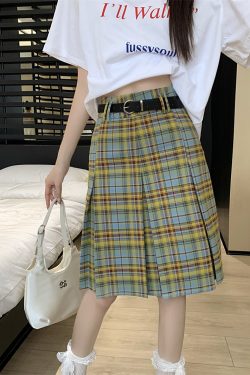 Plus Size High-Waisted Plaid Pleated Skirt for Women - Summer Blue and Yellow Checkered A-Line Mid-Length College Style Skirt