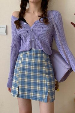 Plus Size High-Waisted Purple Plaid Bodycon Skirt with Slit for Women - Flattering Short Skirt for Curvy Figures, Trendy Fashion Essential