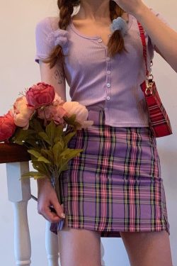 Plus Size High-Waisted Purple Plaid Bodycon Skirt with Slit for Women - Flattering Short Skirt for Curvy Figures, Trendy Fashion Essential