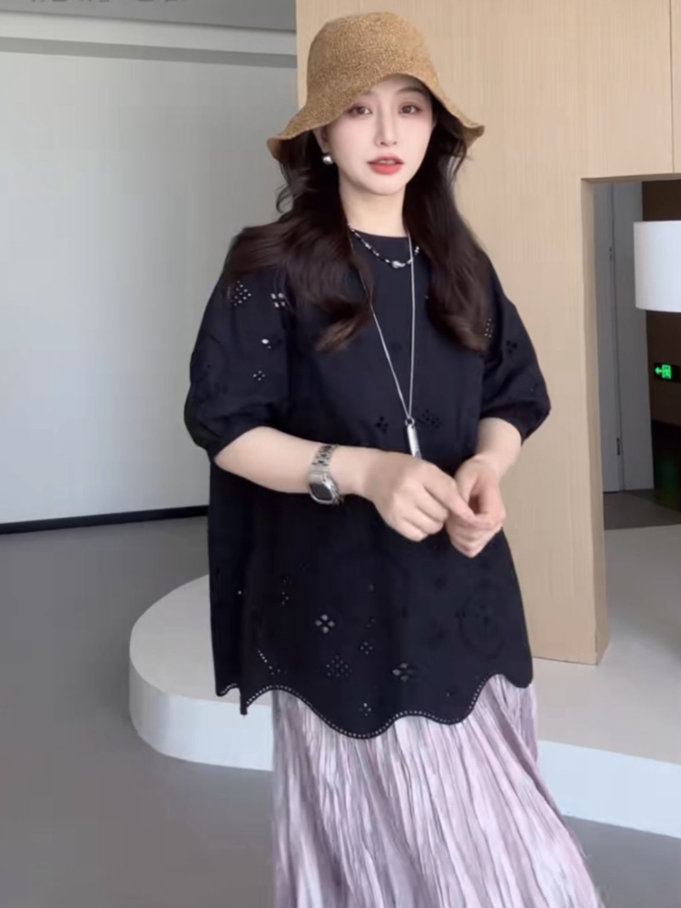 Plus Size Hollowed-Out Lace Short Sleeve Shirt for Women - Flattering Loose Fit, Perfect for Curvy Figures, Stylish and Comfortable Plus Size Hollowed-Out Lace Short Sleeve Shirt for Women - Flattering Loose Fit, Perfect for Curvy Figures, Stylish and Comfortable