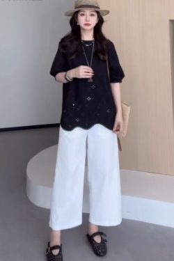 Plus Size Hollowed-Out Lace Short Sleeve Shirt for Women - Flattering Loose Fit, Perfect for Curvy Figures, Stylish and Comfortable