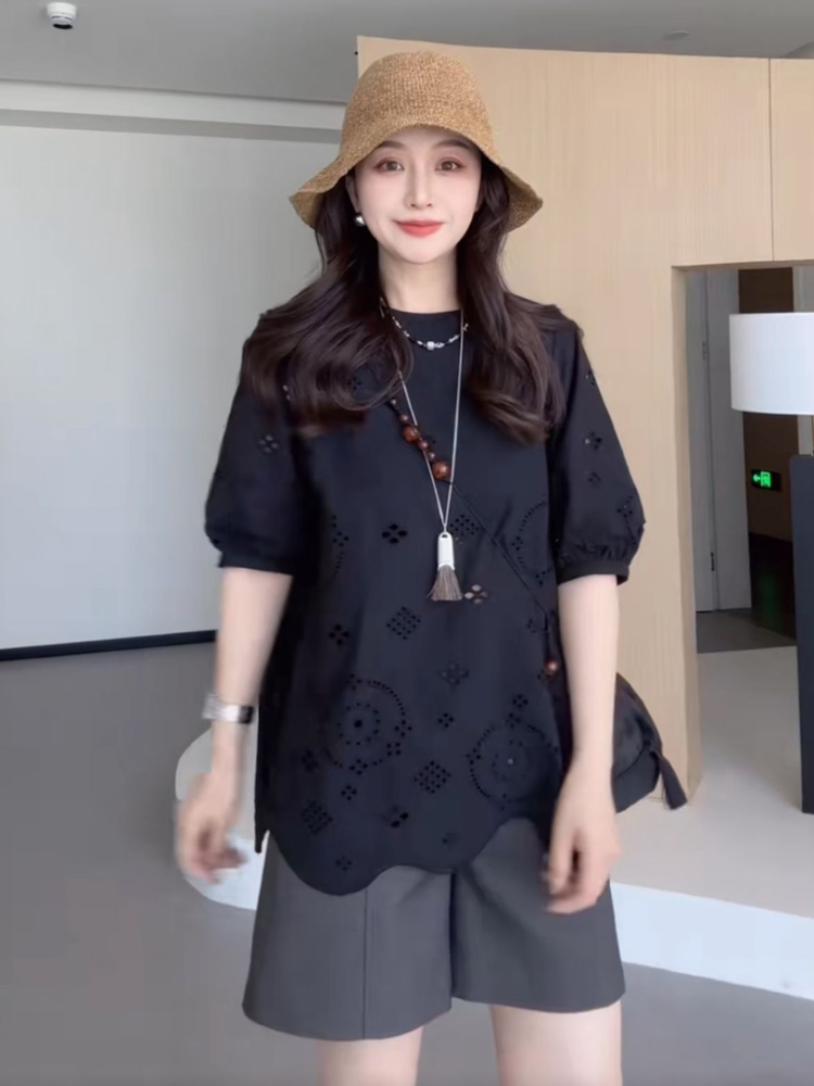 Plus Size Hollowed-Out Lace Short Sleeve Shirt for Women - Flattering Loose Fit, Perfect for Curvy Figures, Stylish and Comfortable Plus Size Hollowed-Out Lace Short Sleeve Shirt for Women - Flattering Loose Fit, Perfect for Curvy Figures, Stylish and Comfortable