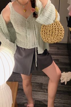 Plus Size Ice Silk Knitted Cardigan and Camisole Two-Piece Set for Curvy Women - Spring/Summer 2025 Fashion