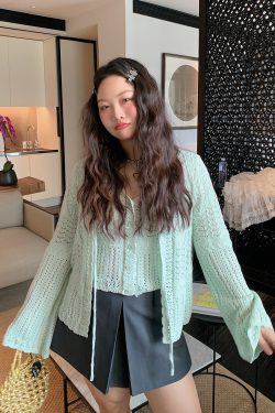 Plus Size Ice Silk Knitted Cardigan and Camisole Two-Piece Set for Curvy Women - Spring/Summer 2025 Fashion