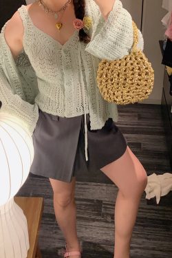 Plus Size Ice Silk Knitted Cardigan and Camisole Two-Piece Set for Curvy Women - Spring/Summer 2025 Fashion