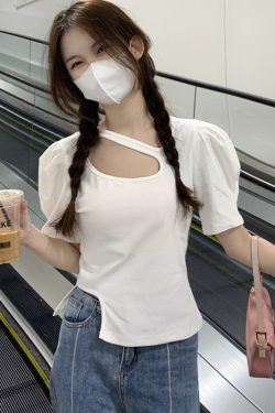 Plus-Size Irregular Short Sleeve T-Shirt for Women - Summer Korean Design, Slim Fit, Flattering Cropped Shoulder Top