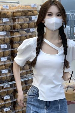 Plus-Size Irregular Short Sleeve T-Shirt for Women - Summer Korean Design, Slim Fit, Flattering Cropped Shoulder Top