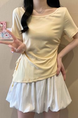 Plus Size Irregular Shoulder Short Sleeve T-Shirt for Women - Summer Ruffle Drawstring Waist Top, Slimming Fit, Trendy Style