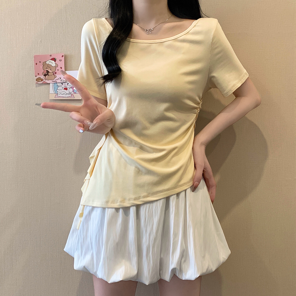 Plus Size Irregular Shoulder Short Sleeve T-Shirt for Women - Summer Ruffle Drawstring Waist Top, Slimming Fit, Trendy Style Plus Size Irregular Shoulder Short Sleeve T-Shirt for Women - Summer Ruffle Drawstring Waist Top, Slimming Fit, Trendy Style