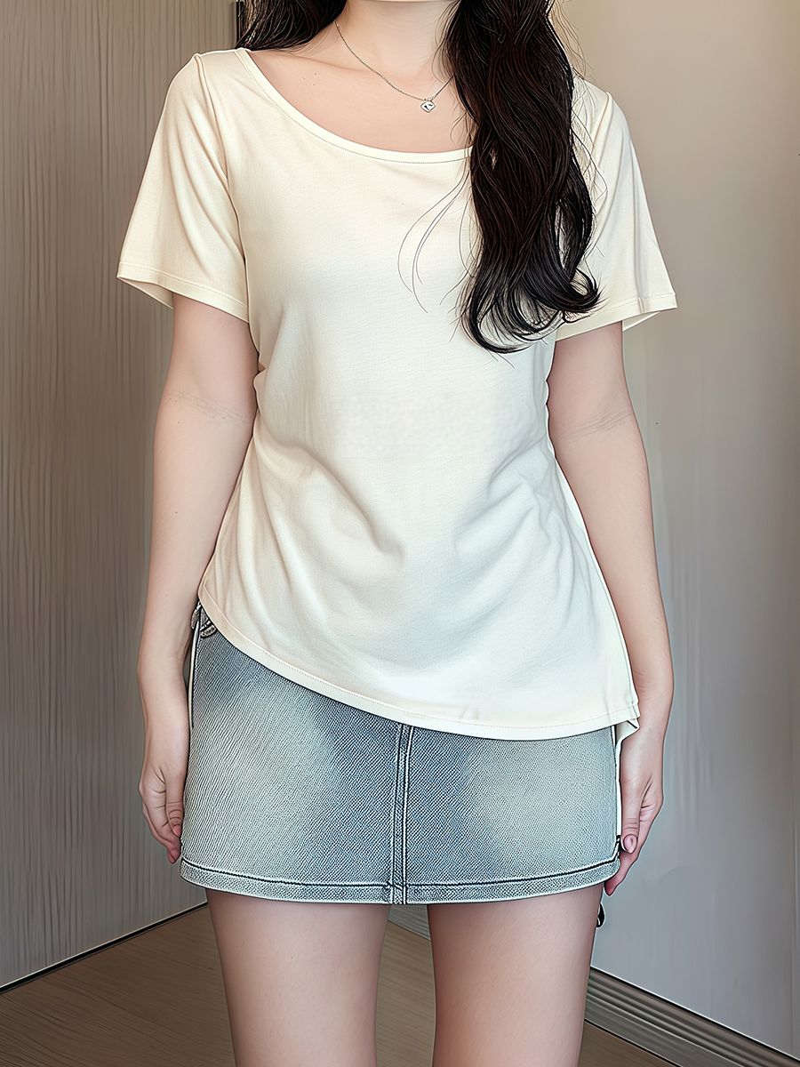 Plus Size Irregular Shoulder Short Sleeve T-Shirt for Women - Summer Ruffle Drawstring Waist Top, Slimming Fit, Trendy Style Plus Size Irregular Shoulder Short Sleeve T-Shirt for Women - Summer Ruffle Drawstring Waist Top, Slimming Fit, Trendy Style