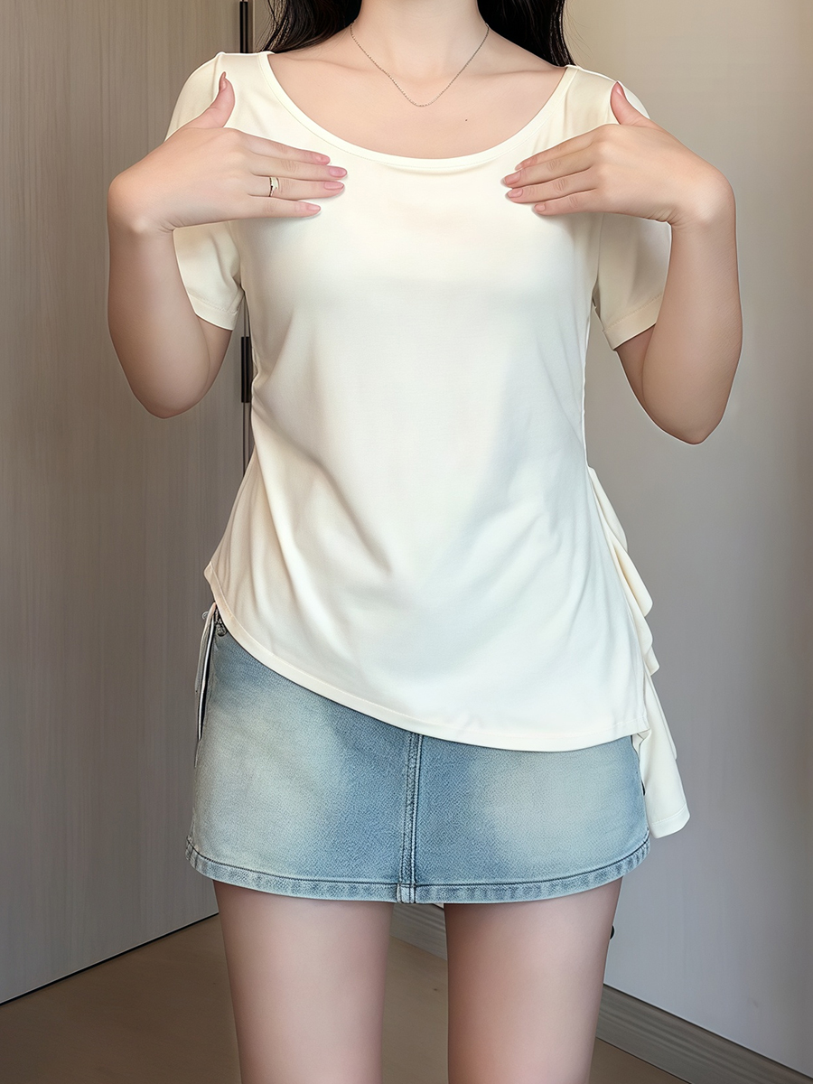 Plus Size Irregular Shoulder Short Sleeve T-Shirt for Women - Summer Ruffle Drawstring Waist Top, Slimming Fit, Trendy Style Plus Size Irregular Shoulder Short Sleeve T-Shirt for Women - Summer Ruffle Drawstring Waist Top, Slimming Fit, Trendy Style