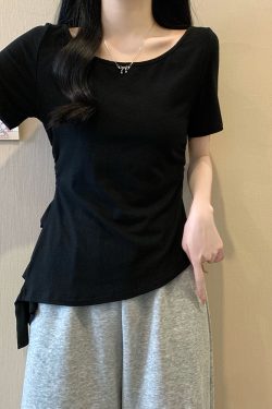 Plus Size Irregular Shoulder Short Sleeve T-Shirt for Women - Summer Ruffle Drawstring Waist Top, Slimming Fit, Trendy Style