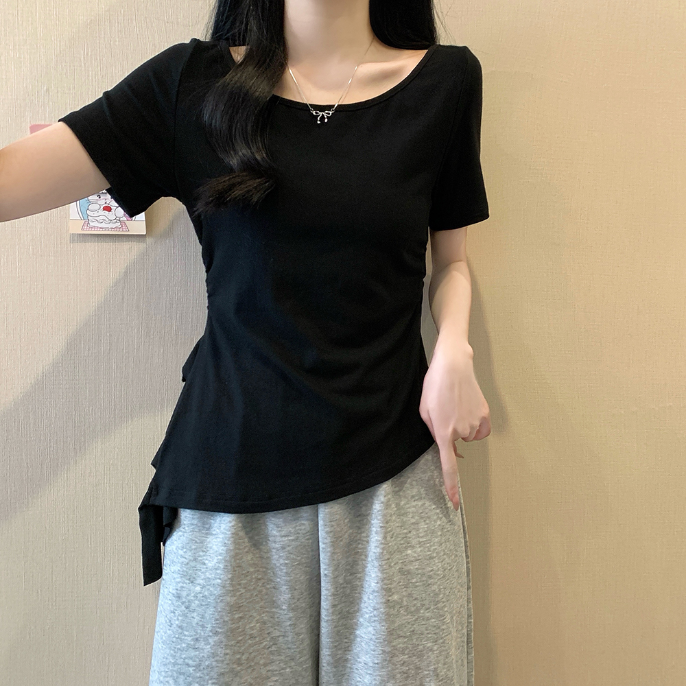 Plus Size Irregular Shoulder Short Sleeve T-Shirt for Women - Summer Ruffle Drawstring Waist Top, Slimming Fit, Trendy Style Plus Size Irregular Shoulder Short Sleeve T-Shirt for Women - Summer Ruffle Drawstring Waist Top, Slimming Fit, Trendy Style