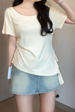Plus Size Irregular Shoulder Short Sleeve T-Shirt for Women - Summer Ruffle Drawstring Waist Top, Slimming Fit, Trendy Style