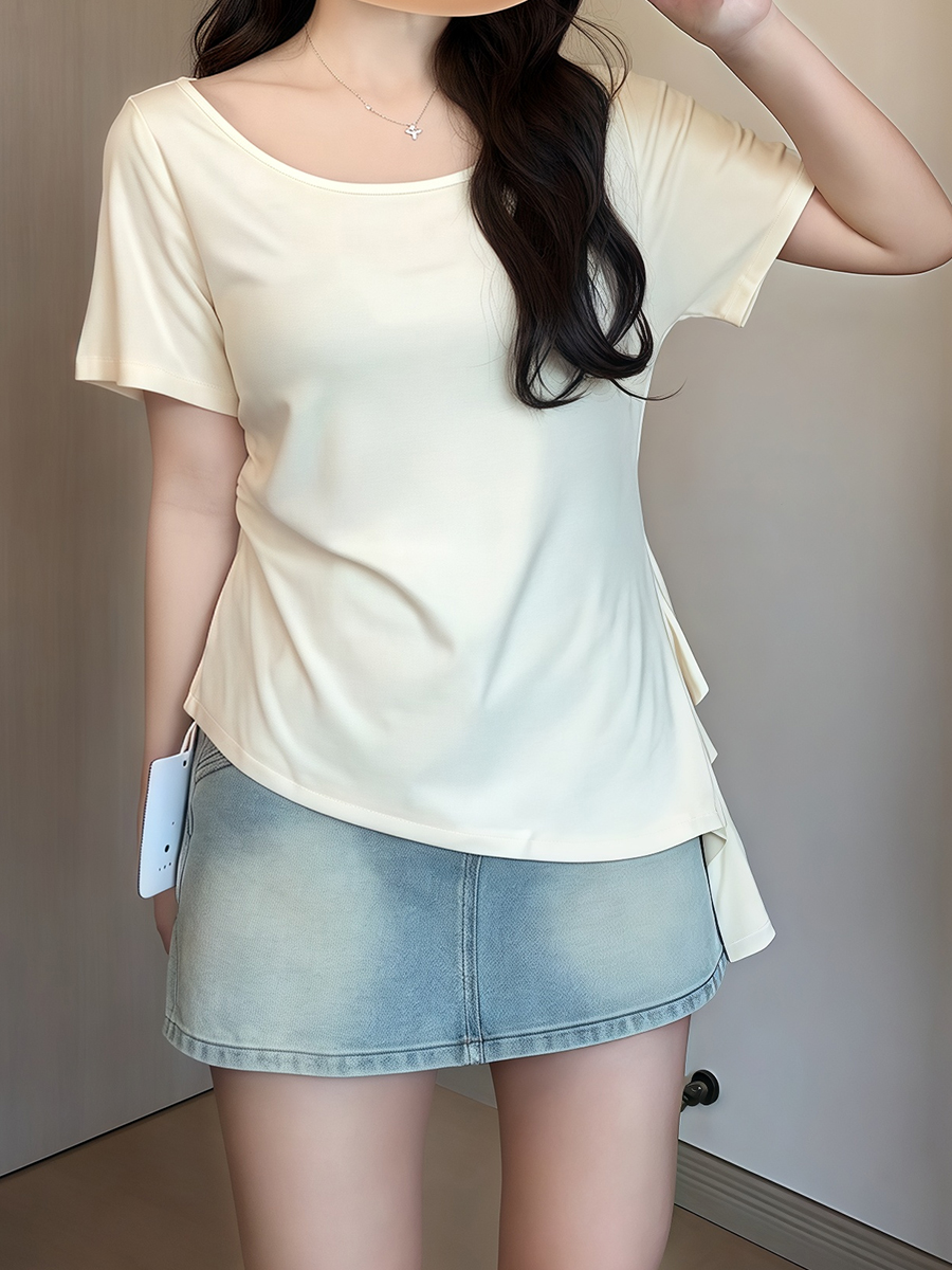 Plus Size Irregular Shoulder Short Sleeve T-Shirt for Women - Summer Ruffle Drawstring Waist Top, Slimming Fit, Trendy Style Plus Size Irregular Shoulder Short Sleeve T-Shirt for Women - Summer Ruffle Drawstring Waist Top, Slimming Fit, Trendy Style