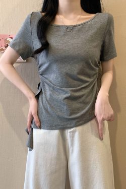 Plus Size Irregular Shoulder Short Sleeve T-Shirt for Women - Summer Ruffle Drawstring Waist Top, Slimming Fit, Trendy Style