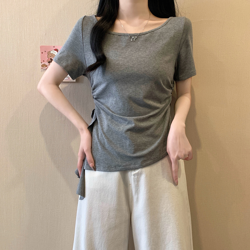 Plus Size Irregular Shoulder Short Sleeve T-Shirt for Women - Summer Ruffle Drawstring Waist Top, Slimming Fit, Trendy Style Plus Size Irregular Shoulder Short Sleeve T-Shirt for Women - Summer Ruffle Drawstring Waist Top, Slimming Fit, Trendy Style